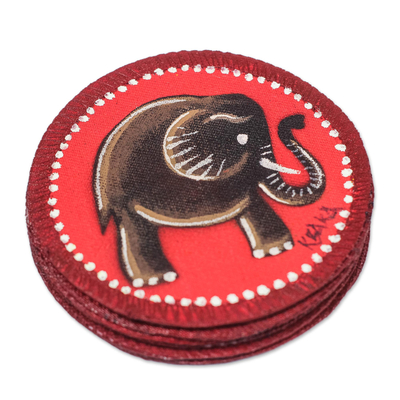 Posavasos de algodón pintados a mano, (juego de 6) - Posavasos de algodón con motivos de elefantes de Ghana (lote de 6)