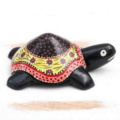 Holzskulptur - Handbemalte florale Schildkrötenskulptur aus Holz aus Ghana