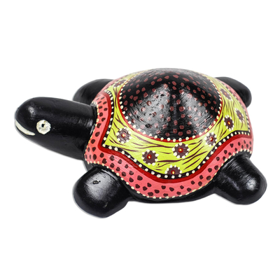 Wood sculpture, 'Slowly' - Hand-Painted Floral Wood Turtle Sculpture from Ghana