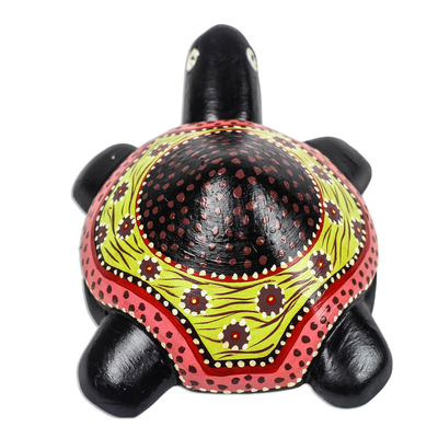 Wood sculpture, 'Slowly' - Hand-Painted Floral Wood Turtle Sculpture from Ghana