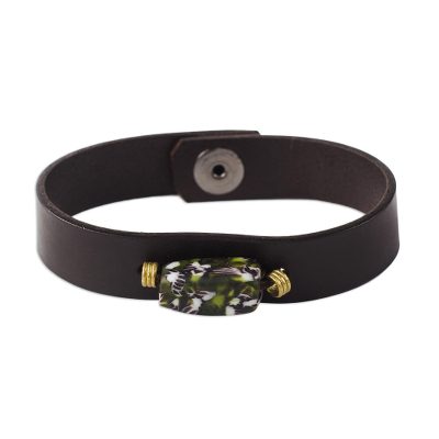 Black Recycled Glass and Leather Pendant Bracelet