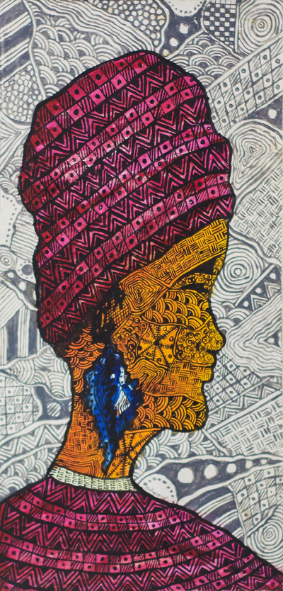 'Africa Beauty' - Pintura expresionista de una mujer con motivos intrincados