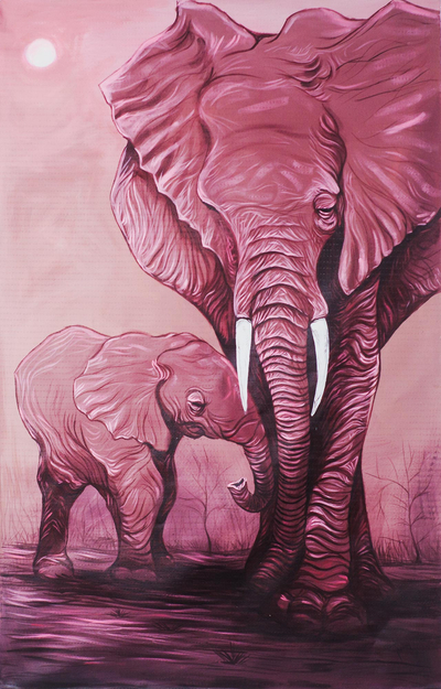 'Sensitivity II' - Expressionist Painting of Two Elephants in Deep Pink