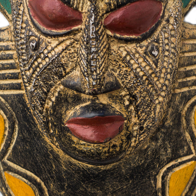 African wood mask, 'Crowned King' - African Wood Mask Wearing a Crown from Ghana