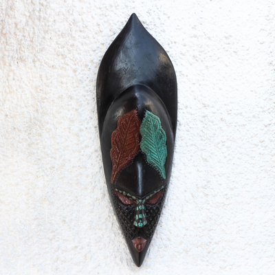 African wood mask, 'Ntiase Leaves' - Leaf Pattern African Wood Mask from Ghana