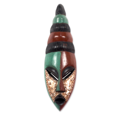 African wood mask, 'Colorful Obaapa' - Colorful African Wood Mask with Copper and Aluminum Accents