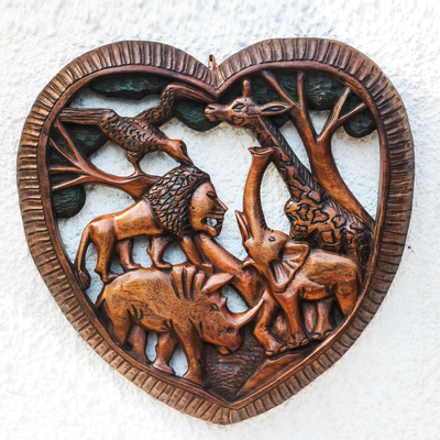 Wood relief panel, 'Kingdom of Animals' - Animal Kingdom-Themed Wood Relief Panel from Ghana