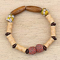 Wood and recycled glass beaded stretch bracelet, 'Intuitive Beauty' - Beaded Stretch Bracelet with Wood and Recycled Glass