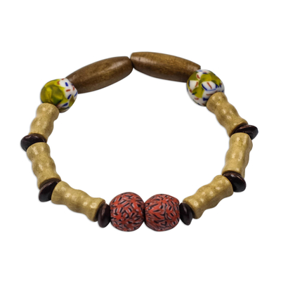 Beaded Stretch Bracelet with Wood and Recycled Glass