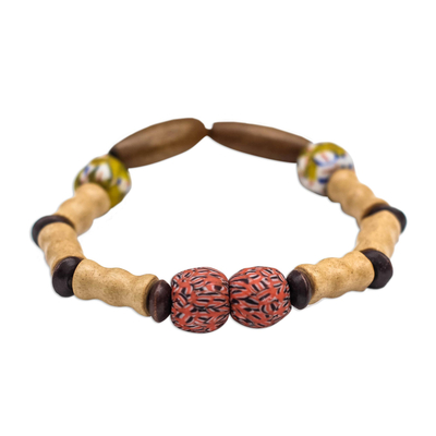 Wood and recycled glass beaded stretch bracelet, 'Intuitive Beauty' - Beaded Stretch Bracelet with Wood and Recycled Glass