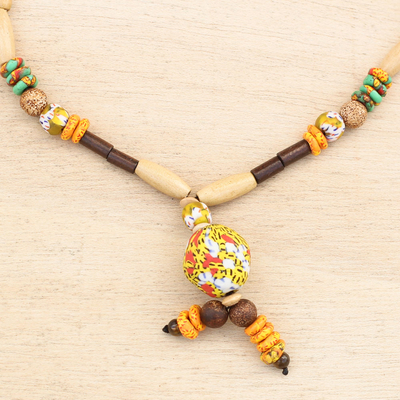 Wood and recycled glass beaded pendant necklace, 'Beautiful Intuition' - Wood and Recycled Glass Beaded Pendant Necklace from Ghana