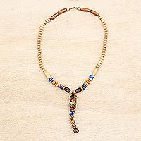 Wood and recycled glass beaded Y-necklace, 'Exemplified Beauty' - Y-Necklace Made from Wood and Recycled Glass Beads