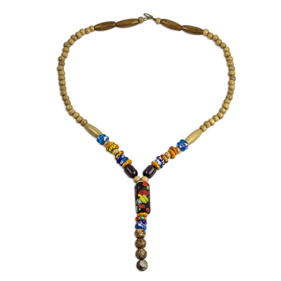 Y-Necklace Made from Wood and Recycled Glass Beads