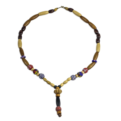Sese Wood and Recycled Glass Beaded Y-Necklace from Ghana