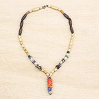 Wood and recycled glass beaded Y-necklace, 'Realm of Beauty' - Wood and colourful Recycled Glass Beaded Y-Necklace