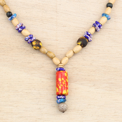 Wood and recycled glass beaded Y-necklace, 'Realm of Beauty' - Wood and colourful Recycled Glass Beaded Y-Necklace