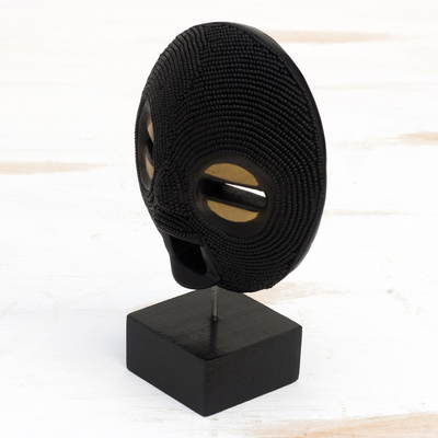 African recycled plastic beaded wood mask, 'Black Delanyo' - African Recycled Plastic Beaded Wood Mask in Black