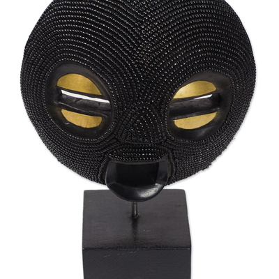African recycled plastic beaded wood mask, 'Black Delanyo' - African Recycled Plastic Beaded Wood Mask in Black
