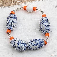 Beaded stretch bracelet, 'Eco Senam' - Blue and Orange Recycled Bead Bracelet