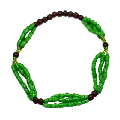 Green Recycled Glass and Plastic Beaded Necklace from Ghana