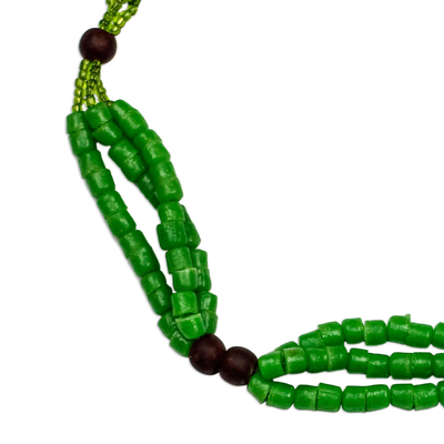 Recycled glass and plastic beaded necklace, 'Eco Lebene' - Green Recycled Glass and Plastic Beaded Necklace from Ghana