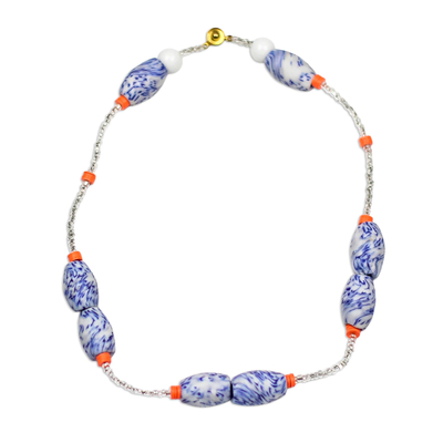 Recycled glass and plastic beaded necklace, 'Eco Senam' - Blue and Orange Recycled Glass and Plastic Necklace