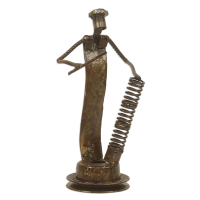 Recycled metal sculpture, 'Gong Player from East' - Recycled Metal Sculpture of African Drummer