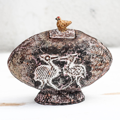 Ceramic decorative jar, 'Bird Pair' - Bird-Themed Ceramic Decorative Jar from Ghana