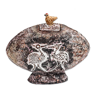 Bird-Themed Ceramic Decorative Jar from Ghana