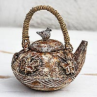 Ceramic decorative teapot, 'Butterfly Vessel' - Butterfly-Themed Ceramic Decorative Teapot from Ghana
