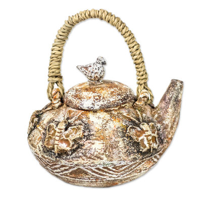 Butterfly-Themed Ceramic Decorative Teapot from Ghana
