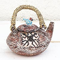 Ceramic decorative teapot, 'Siamese Crocodiles' - Adinkra-Themed Ceramic Decorative Teapot from Ghana