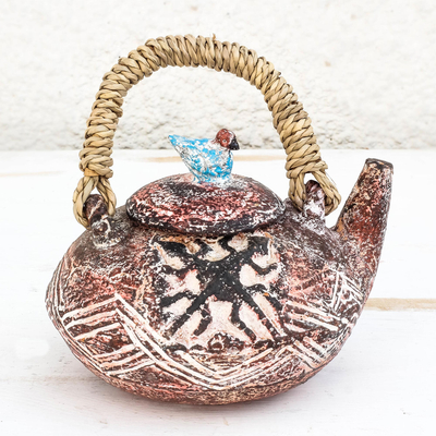 Tetera decorativa de cerámica - Tetera decorativa de cerámica con temática de Adinkra de Ghana