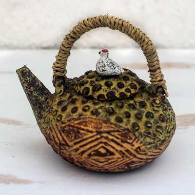 Ceramic decorative teapot, 'Dots and Diamonds' - Dot and Diamond Pattern Ceramic Decorative Teapot