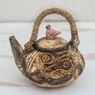 Ceramic decorative teapot, 'Dwennimen Vessel' - Adinkra-Themed Ceramic Decorative Teapot from Ghana