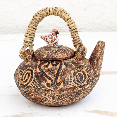 Ceramic decorative teapot, 'Sankofa Charm' - Sankofa Adinkra Ceramic Decorative Teapot from Ghana
