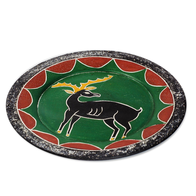 Wood decorative plate, 'Watchful Deer' - Deer-Themed Sese Wood Decorative Plate from Ghana