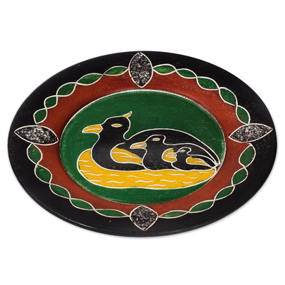 Wood decorative plate, 'Duck Family' - Duck Motif Wood Decorative Plate from Ghana