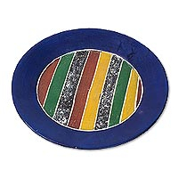 Wood decorative plate, 'Blue Border' - Striped Sese Wood Decorative Plate with a Blue Border