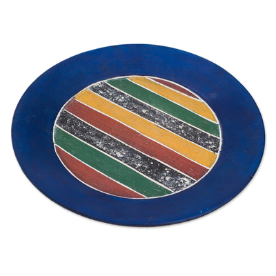 Wood decorative plate, 'Blue Border' - Striped Sese Wood Decorative Plate with a Blue Border