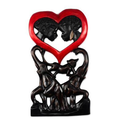 Wood wall sculpture, 'African Togetherness' - Romantic Animal-Themed Sese Wood Wall Sculpture from Ghana