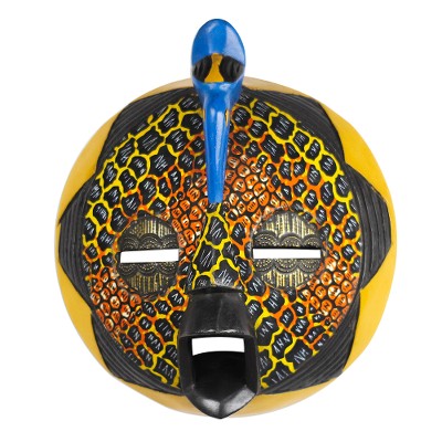 African wood mask, 'Traditional Print I' - African Wood Mask with Printed Motif on Cotton from Ghana
