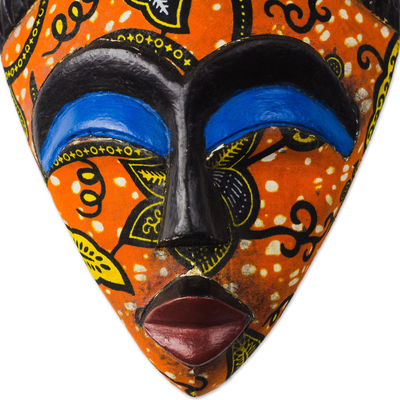 Cotton accented African wood mask, 'African Print' - African Wood Mask with Printed Cotton Accent from Ghana
