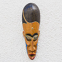 African wood mask, 'God's Greatness' - African Wood Mask in Brown with Brass Accents from Ghana