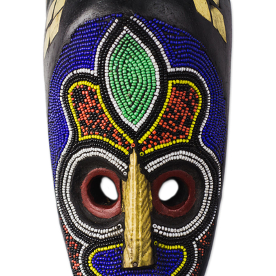 African beaded wood mask, 'Awuradi Gyimi' - African Wood Mask Beaded with Colorful Recycled Plastic
