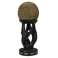 Wood statuette, 'Golden Globe' - Sese Wood and Brass Plated Sculpture