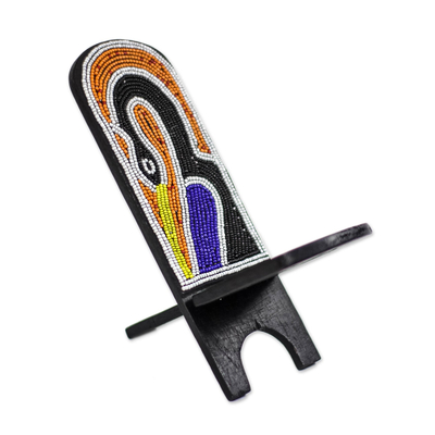 Recycled plastic beaded wood decorative chair, 'Eco Sankofa' - Recycled Plastic Beaded Sese Wood Sankofa Decorative Chair