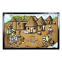 Wood and sand wall art, 'The Old Village' - Village Scene Wood and Sand Wall Art from Ghana