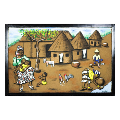 Wandkunst aus Holz und Sand - Dorfszenen-Wandkunst aus Holz und Sand aus Ghana