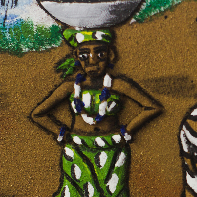 Holz und Sand Wandkunst, 'Wasser ist Leben' - Kulturelle Wandkunst aus Holz und Sand aus Ghana